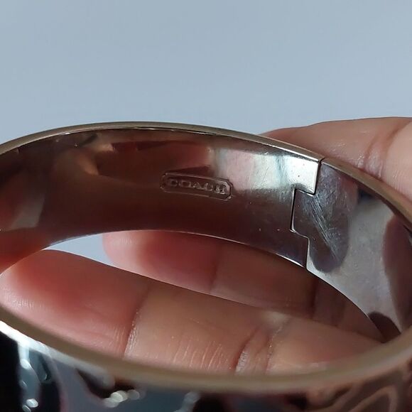 COACH 3/4" Ocelot Leopard Black Gray Silver Tone Hinged Bangle Bracelet - Picture 4 of 12